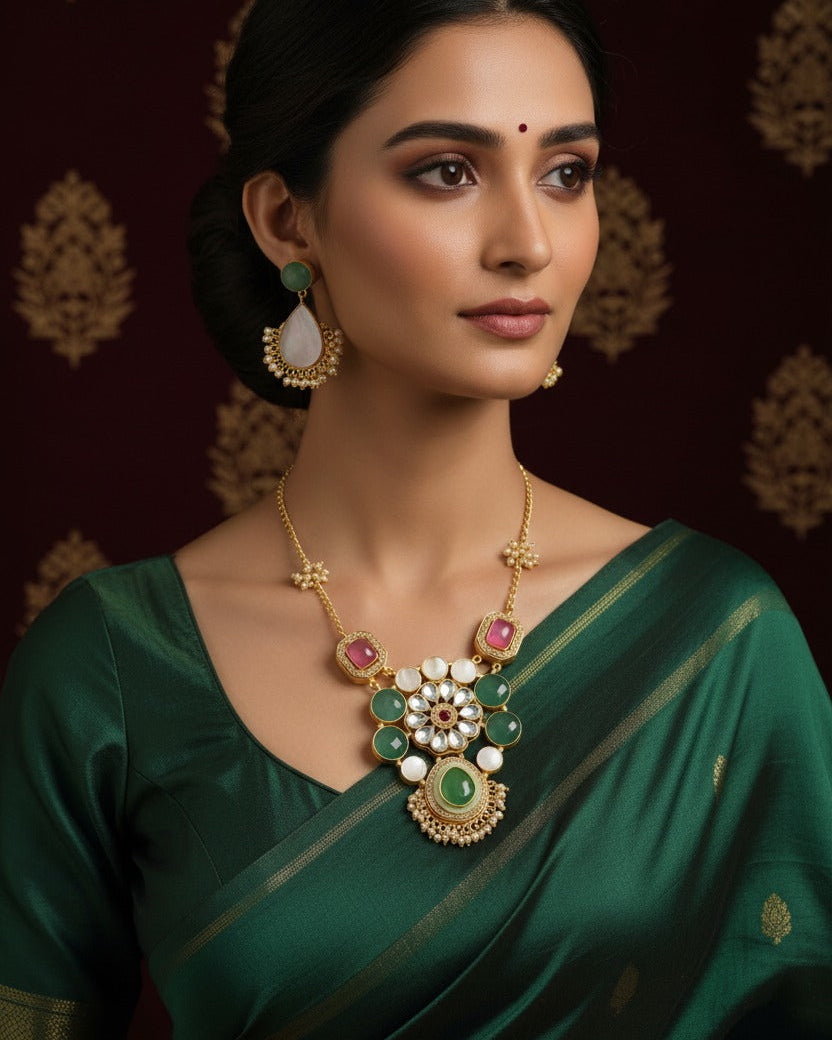 Woman wearing a green saree with gold jewelry against a patterned background