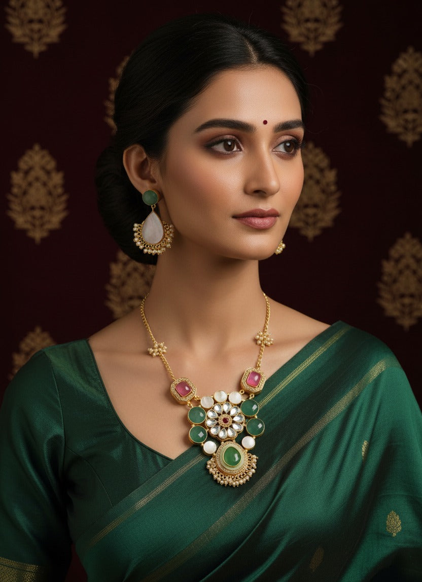 Traditional Jewelry Set - Emerald Ruby Pearl Necklace with Matching Earrings