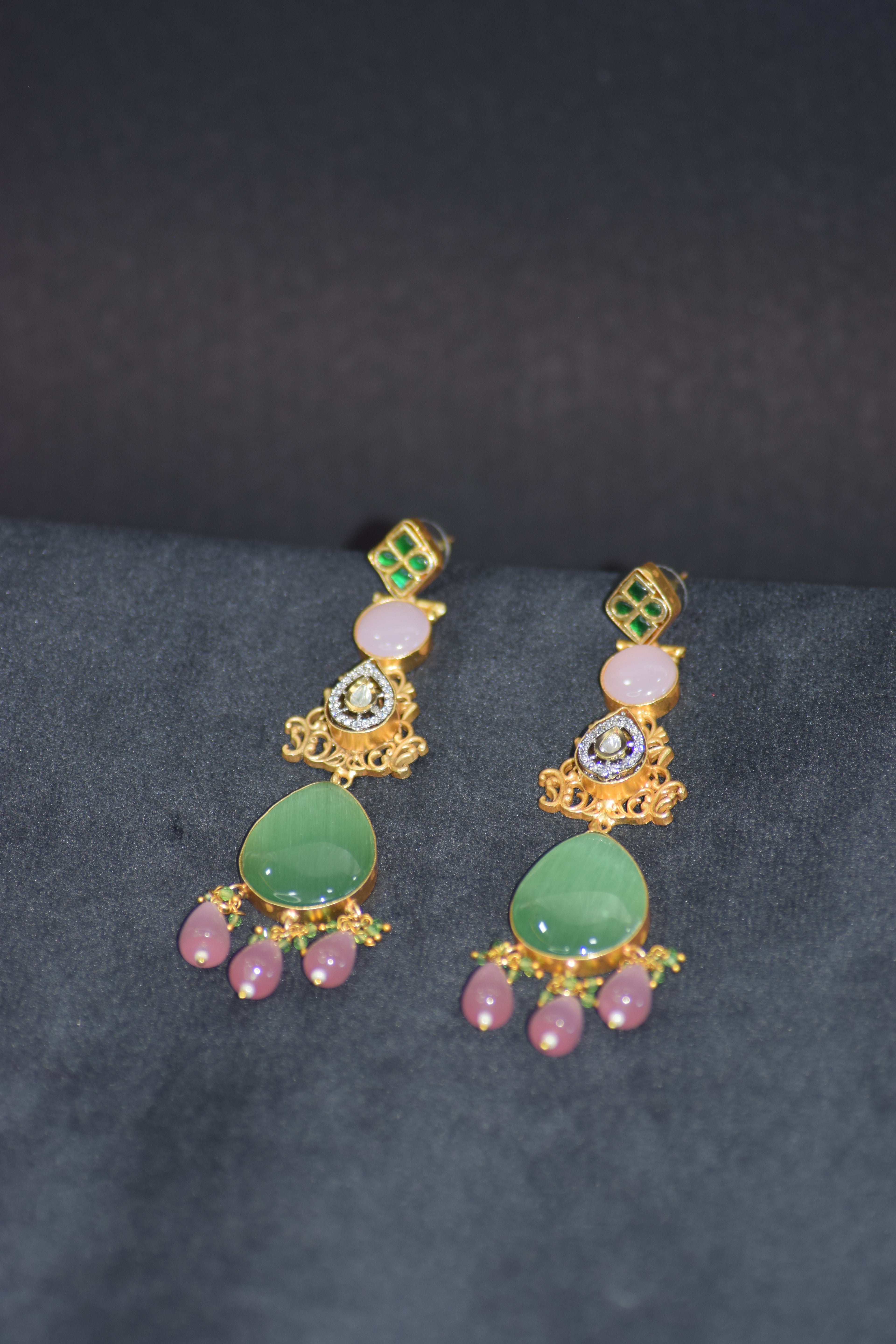 Elegant Multi-Gemstone Chandelier Earrings - Green Pink Gold Statement Pastel Jewelry
