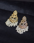 Pair of gold and pearl earrings on a black background