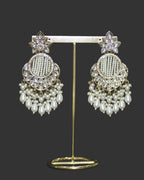 Pair of ornate earrings with gold and pearl details on a dark background