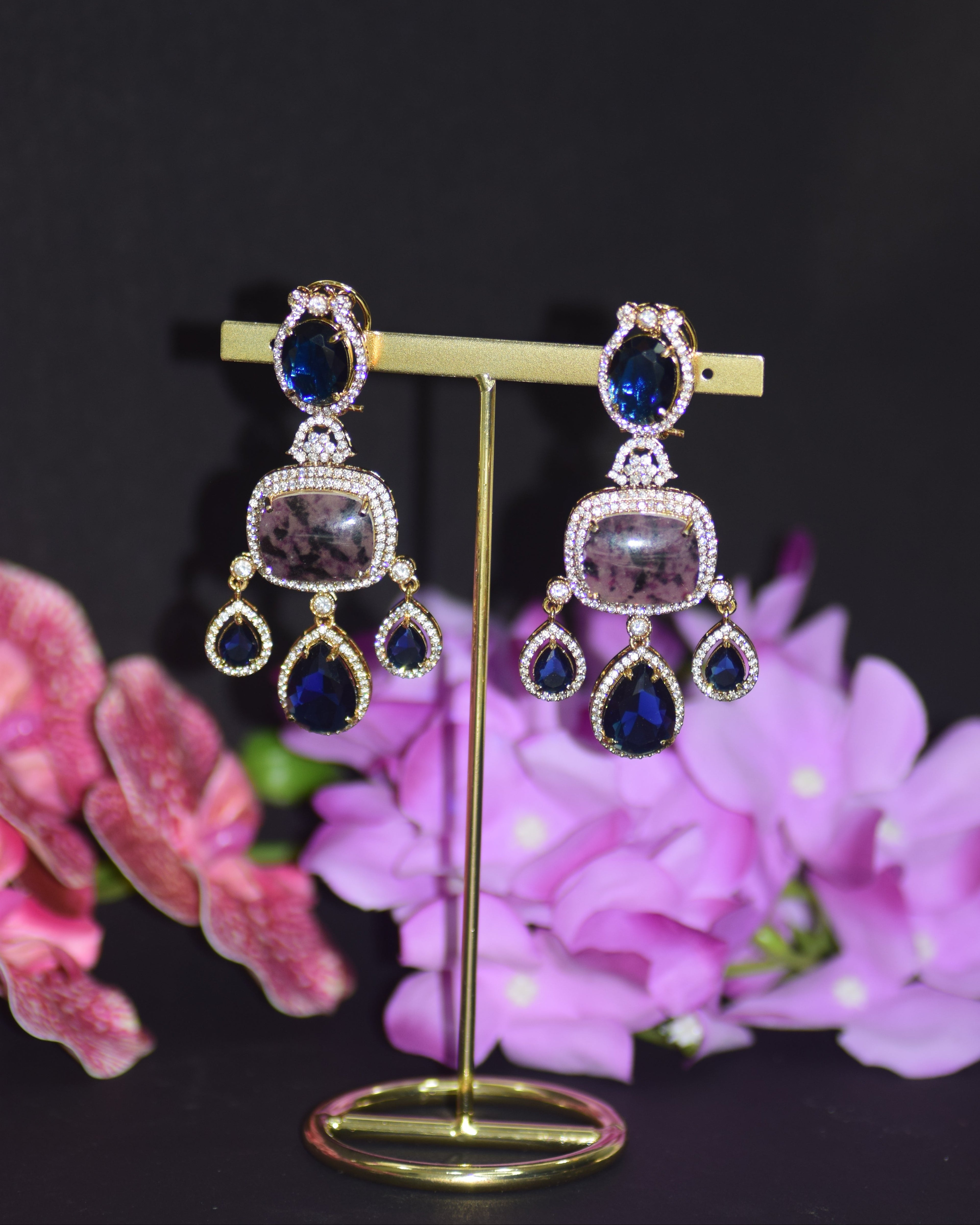 Luxury Statement Earrings with Blue Sapphire & Amethyst Gemstones - Crystal Chandelier Design