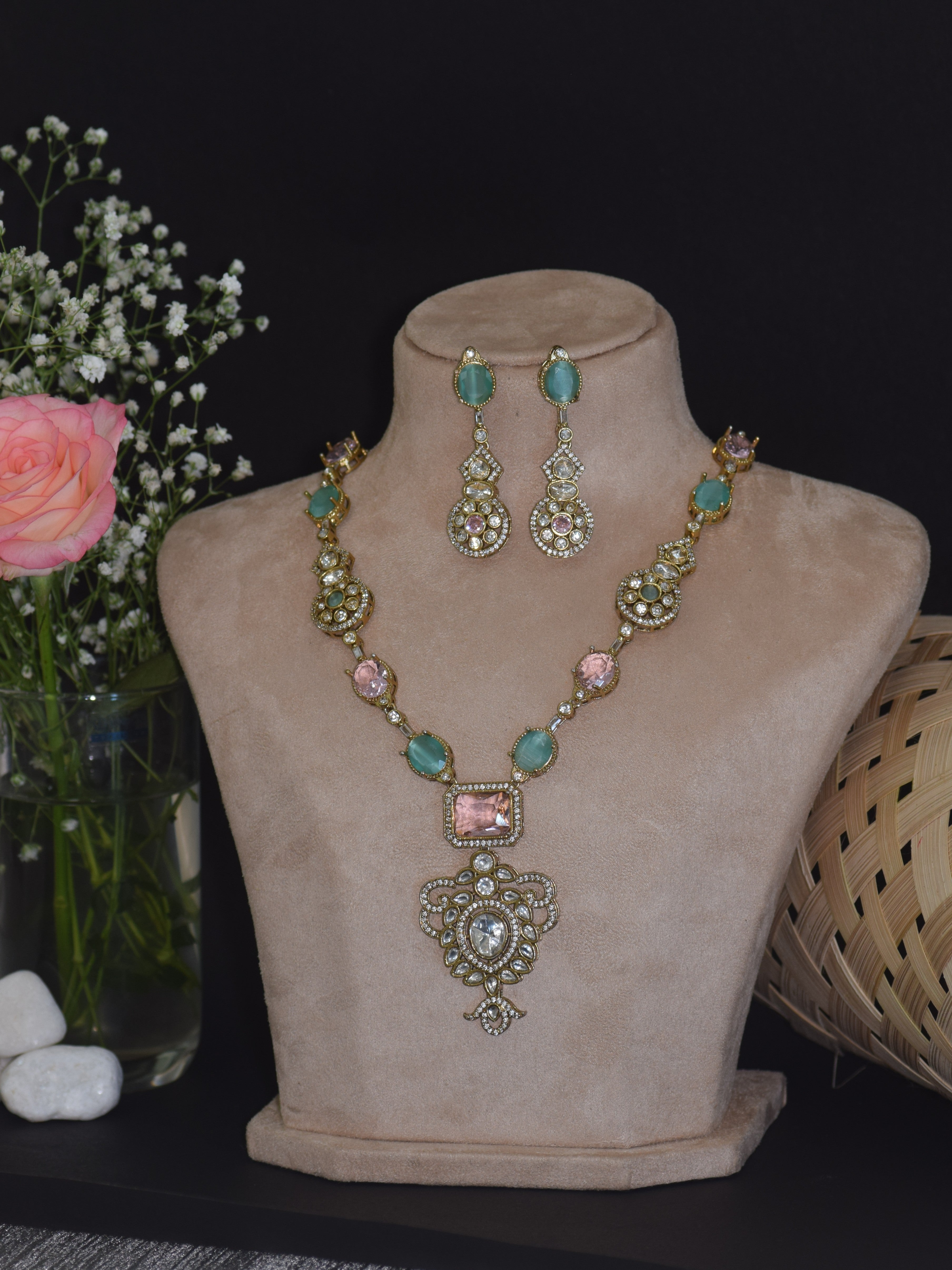 Victorian Multi-Stone Necklace and Earring Set - Turquoise Pink Crystal Jewelry