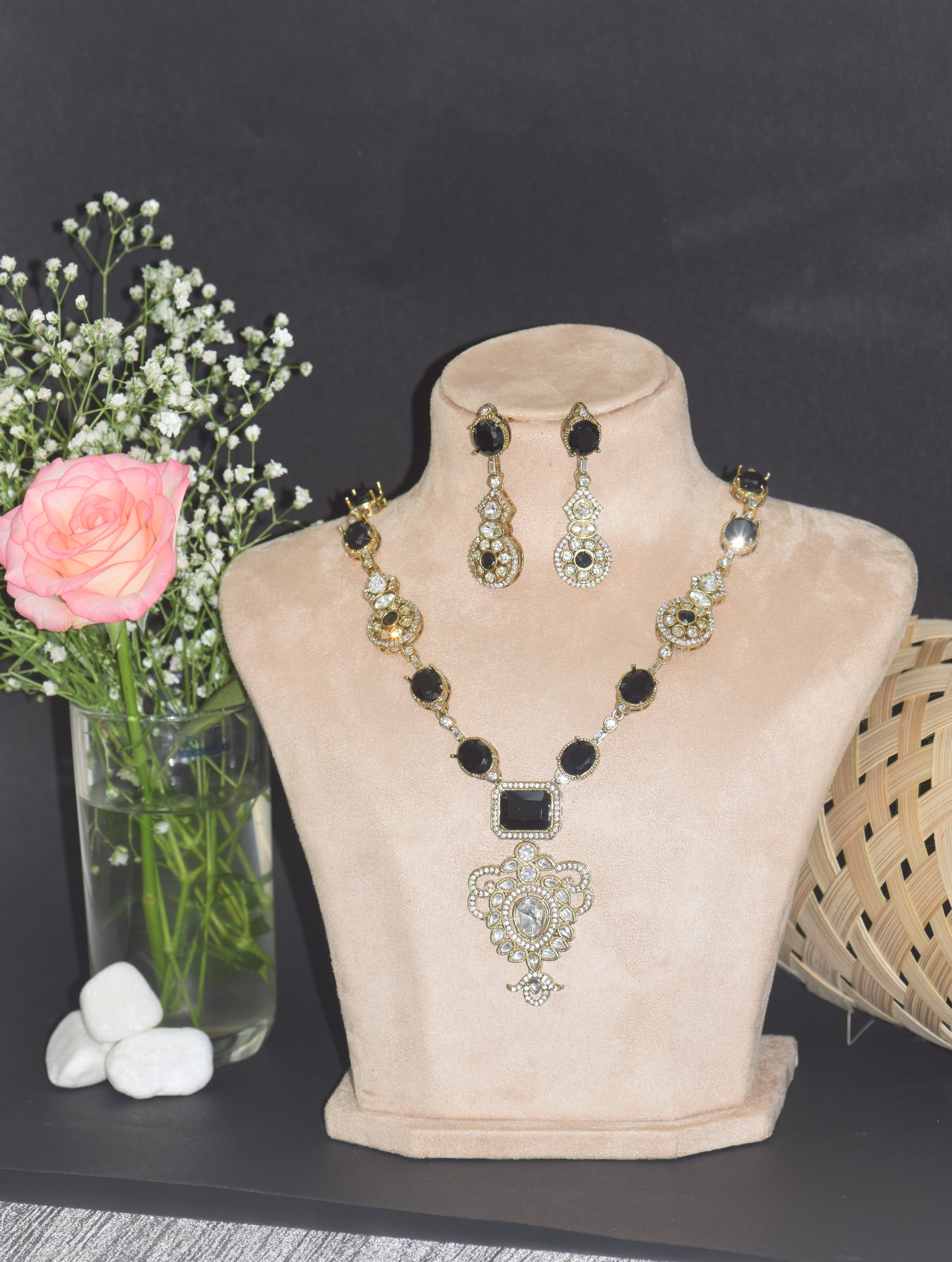 Black and Gold Victorian Necklace and Earring Set - Crystal Statement Jewelry