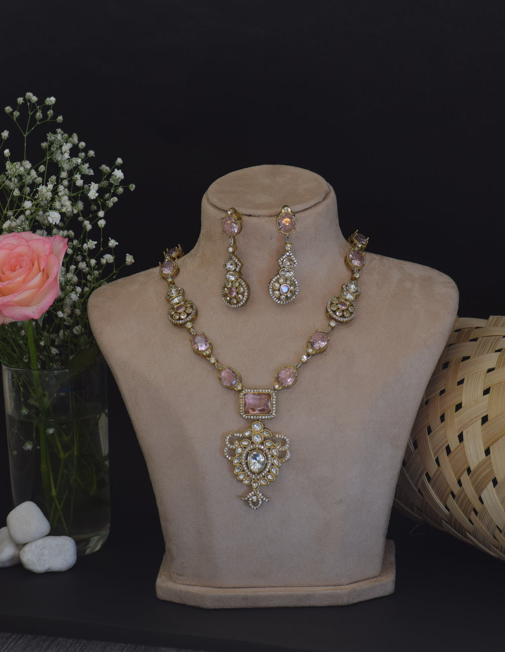 Rose Pink and Gold Victorian Necklace and Earring Set - Crystal Statement Jewelry