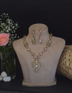 Rose Pink and Gold Victorian Necklace and Earring Set - Crystal Statement Jewelry