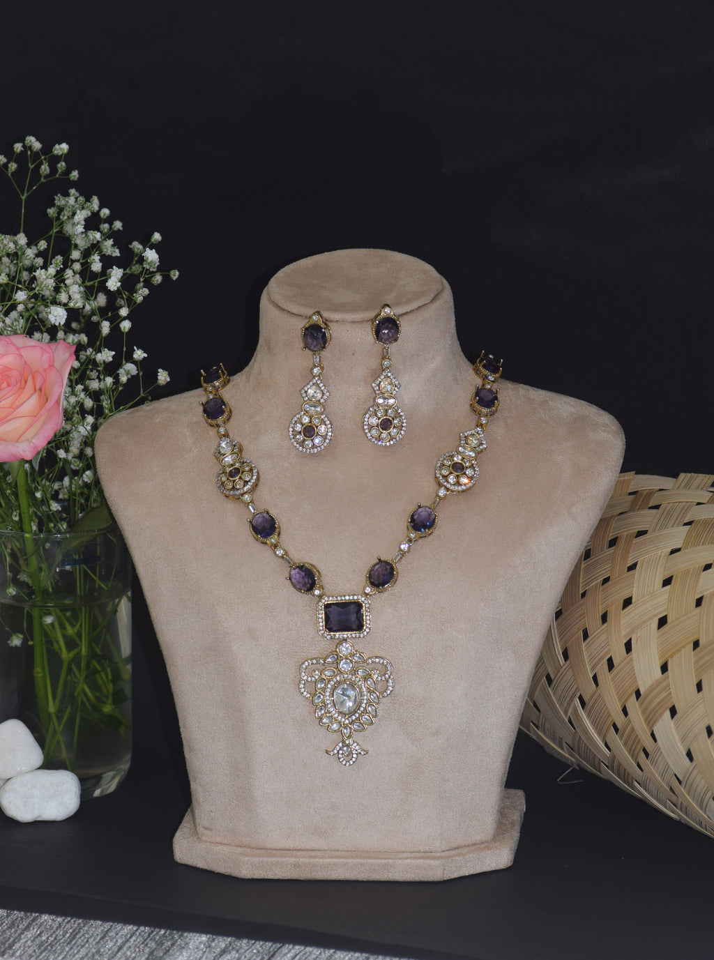Purple and Gold Victorian Necklace and Earring Set - Crystal Statement Jewelry