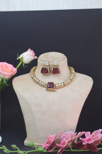 Elegant Wine Red Diamond Jewelry Set - Gold Plated Necklace and Earrings