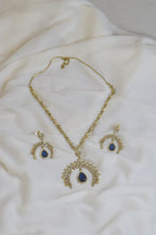 Blue Sapphire Diamond Half Moon Necklace and Earring Set