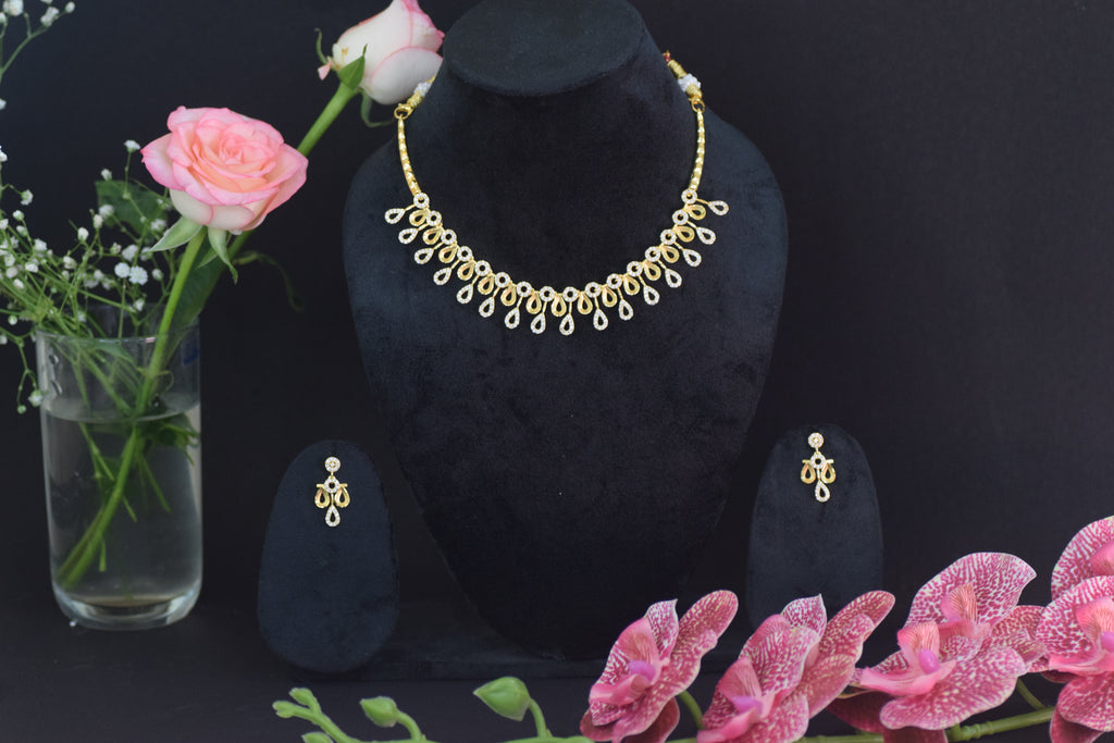 Gold White Crystal Teardrop Necklace and Earrings Set - Elegant Statement Jewelry