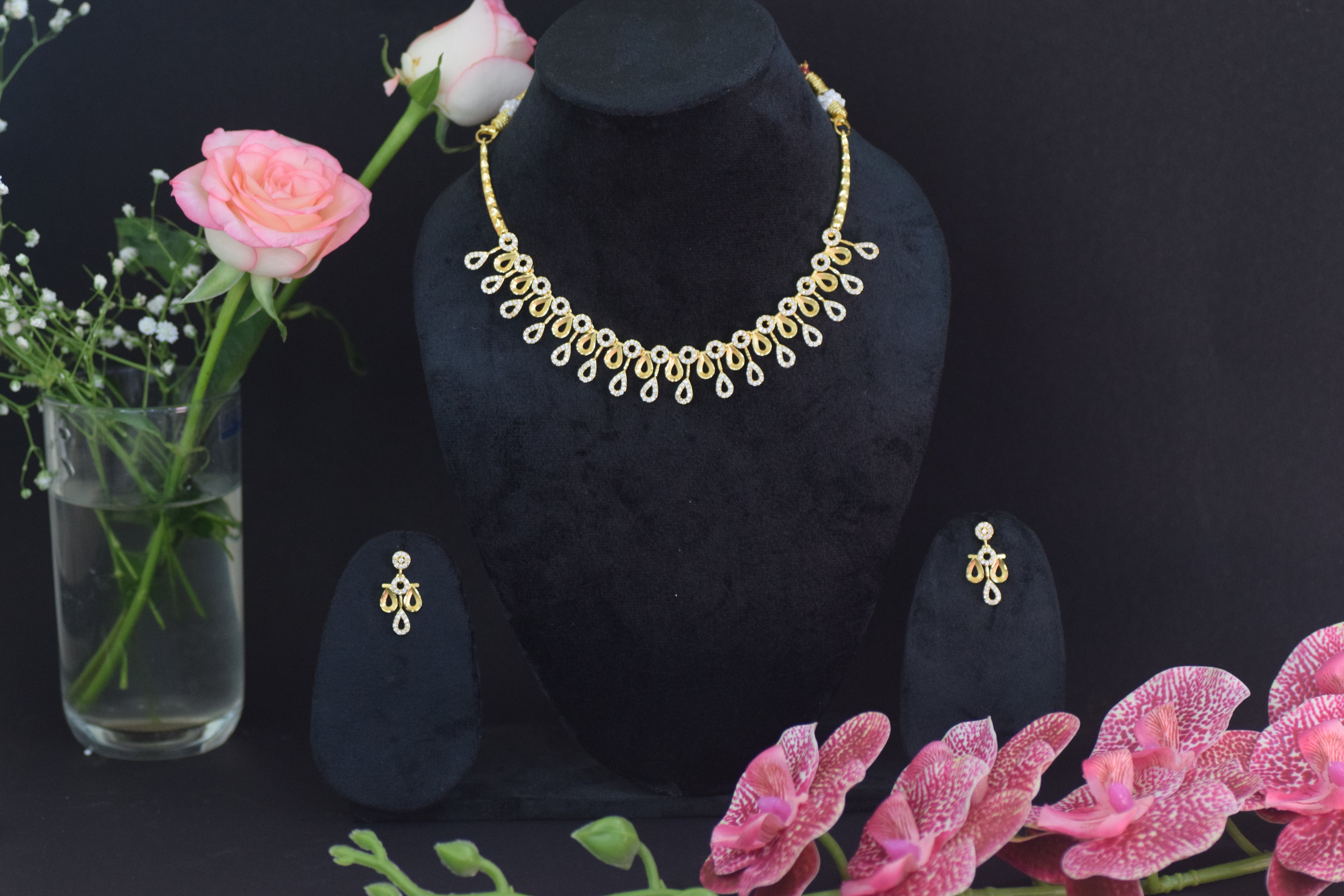 Gold White Crystal Teardrop Necklace and Earrings Set - Elegant Statement Jewelry