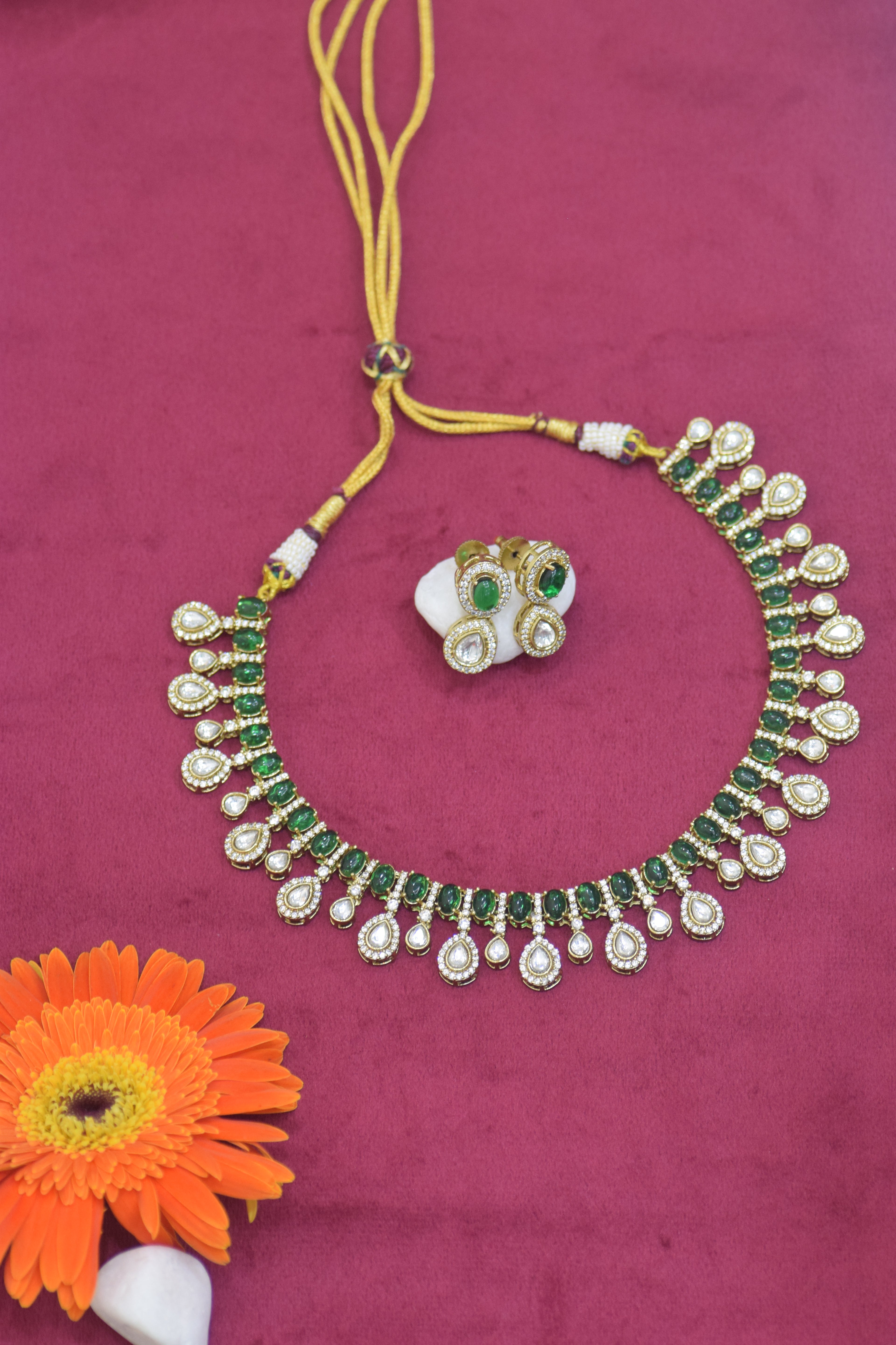 Emerald Green Victorian Necklace Set with Gold Plating - Traditional Indian Jewelry