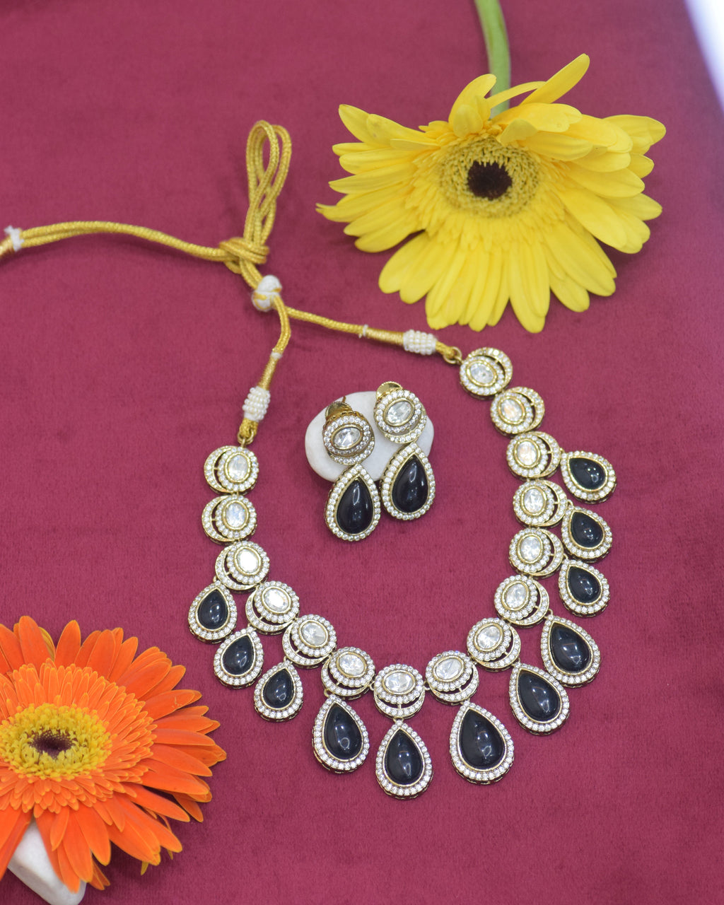 Black Onyx Gold Diamond Necklace and Earring Set - Luxury Statement Jewelry