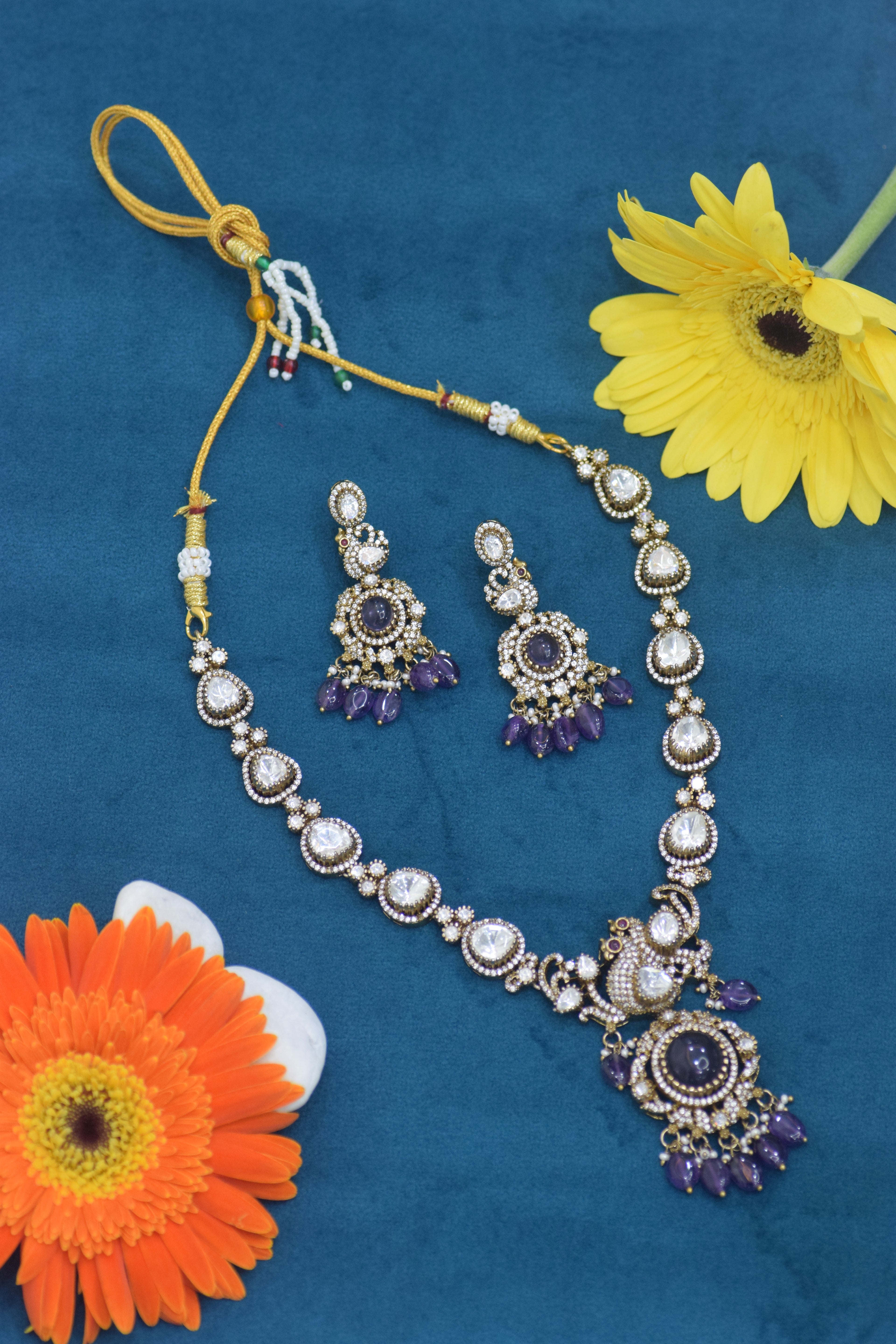 Vintage Victorian Peacock Necklace Set - Antique Gold Finish