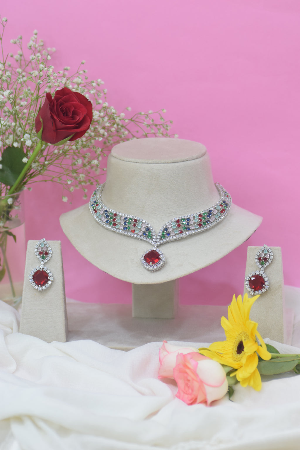 Multicolor Silver Finish American Diamond Necklace and Earrings Set