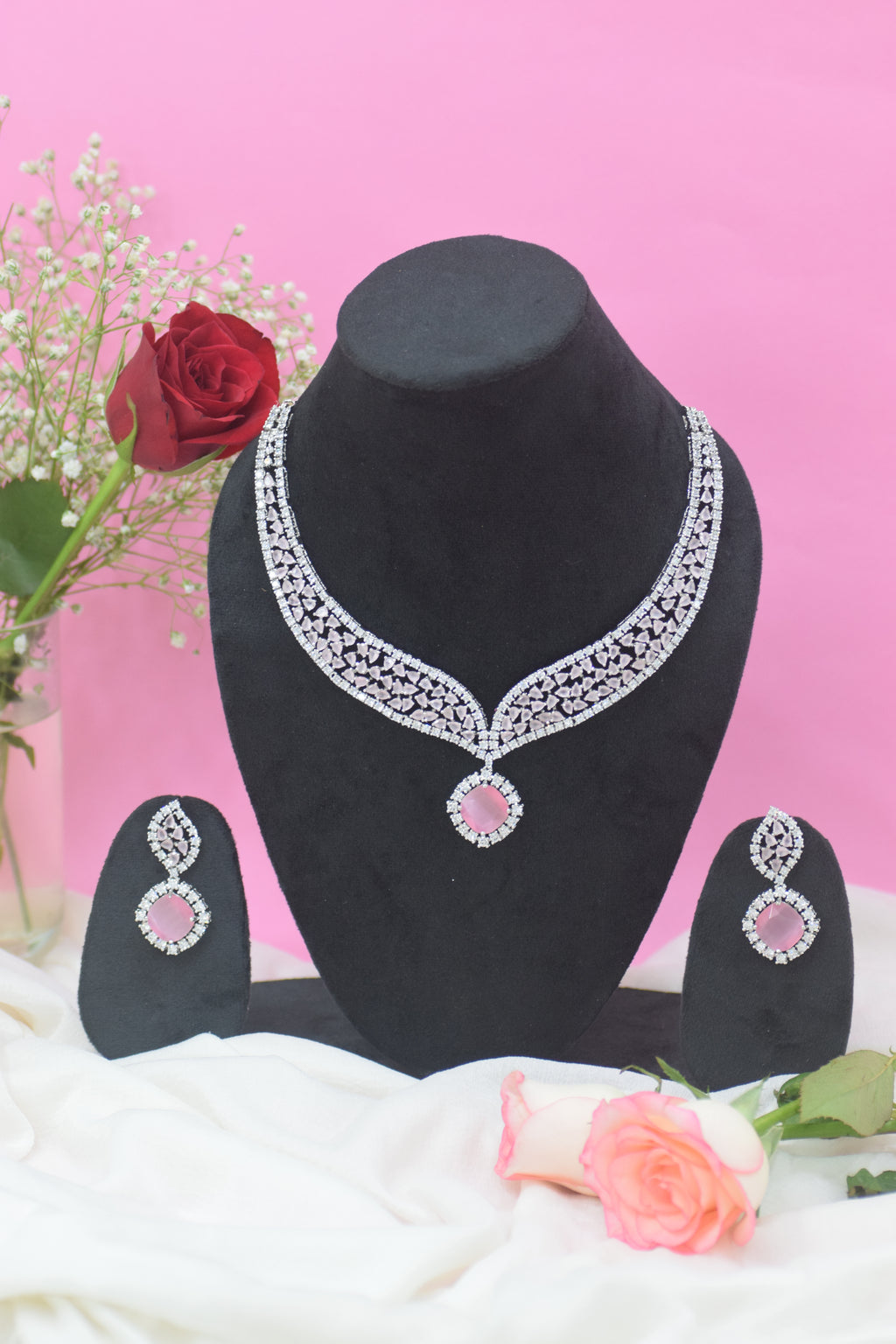 Soft Pink Silver Finish American Diamond Necklace and Earrings Set - Elegant Bridal Jewelry