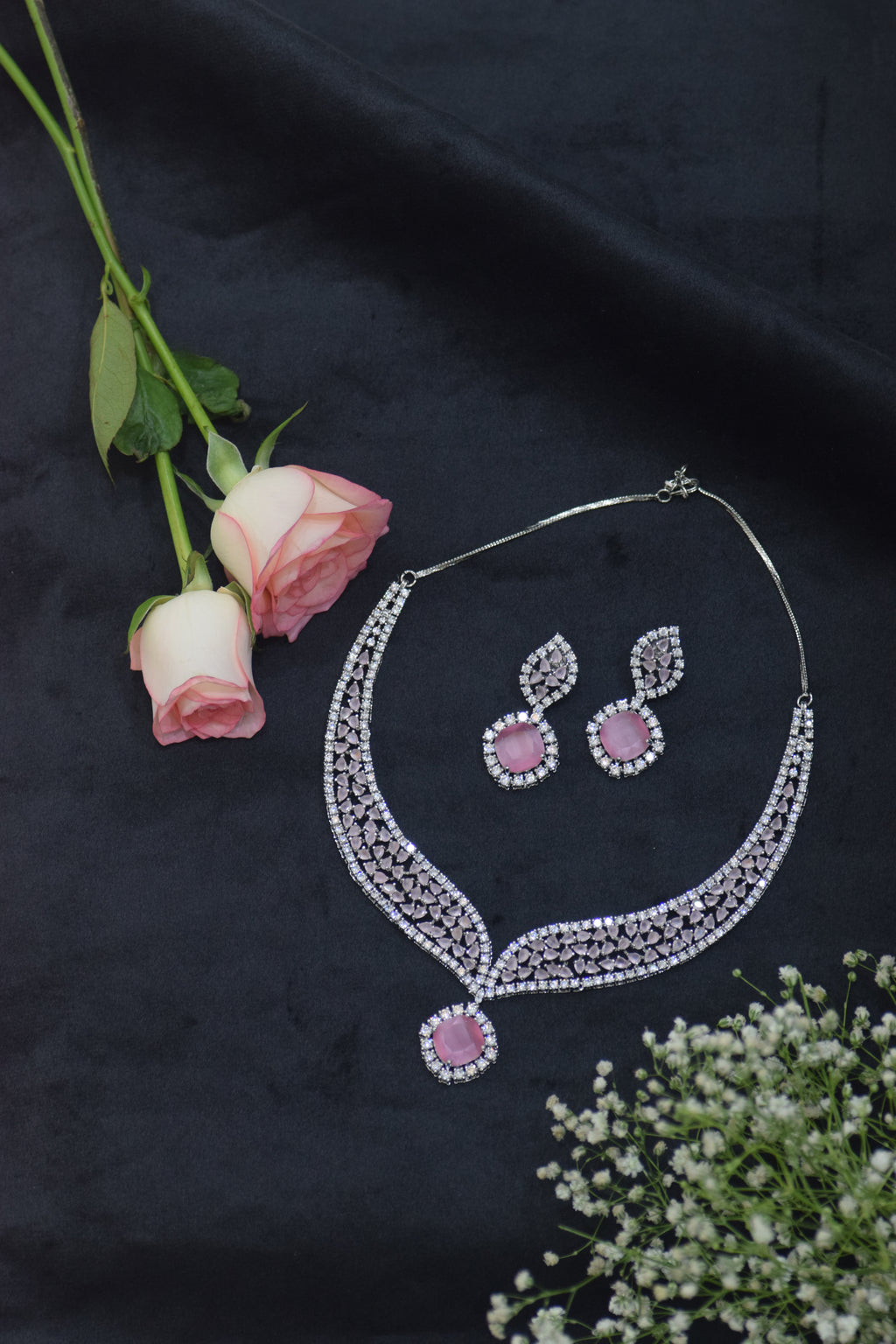 Soft Pink Silver Finish American Diamond Necklace and Earrings Set - Elegant Bridal Jewelry