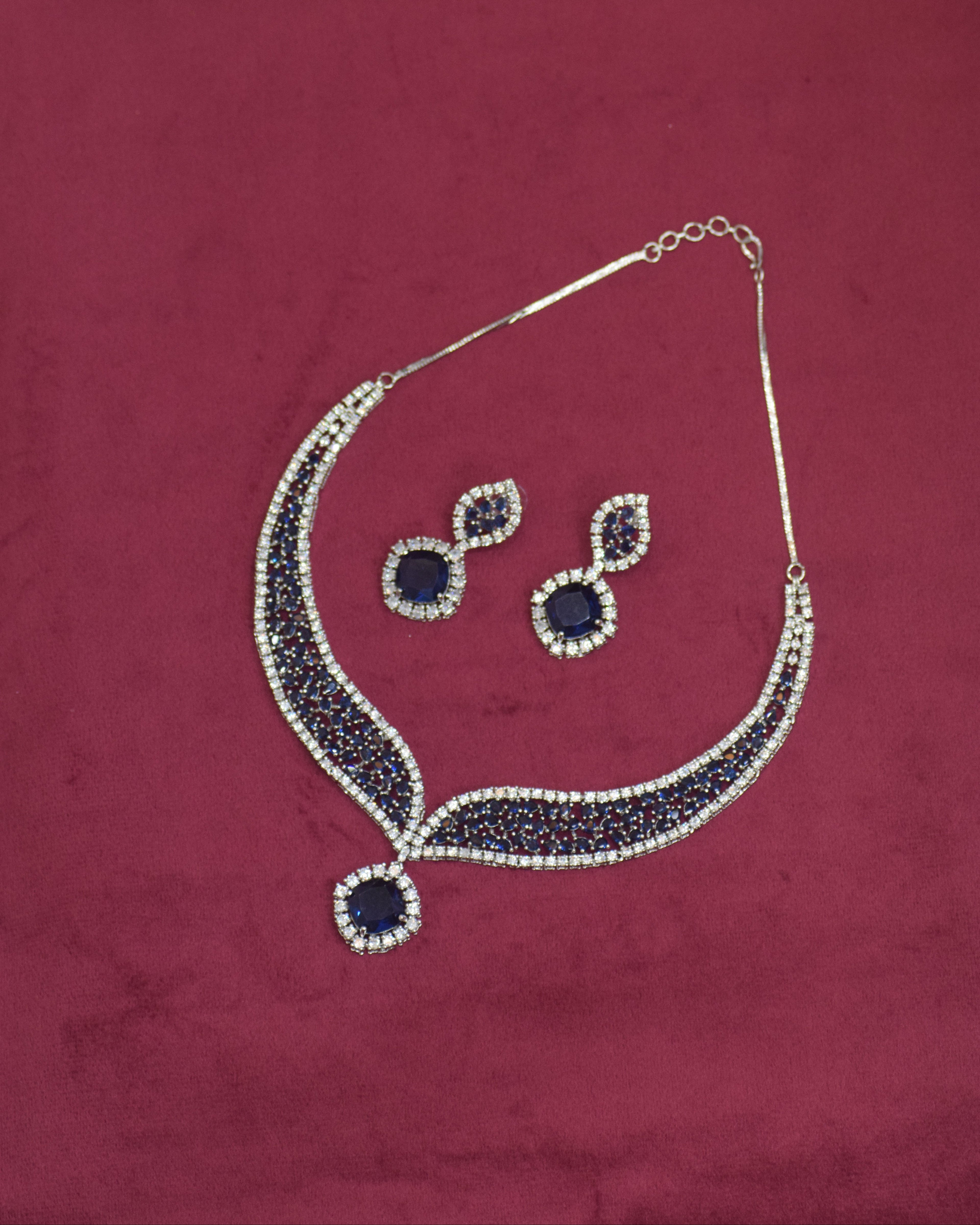 Sapphire Blue Silver Finish American Diamond Necklace and Earrings Set - Luxury Statement Jewelry