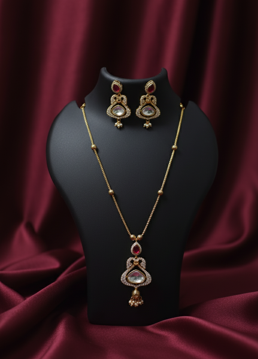 Traditional Gold Plated Jewelry Set with Red Stones - Necklace & Earrings
