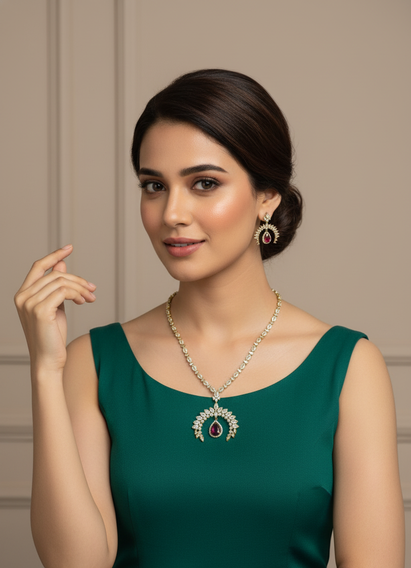 Woman wearing a green dress with a necklace and earrings against a neutral background