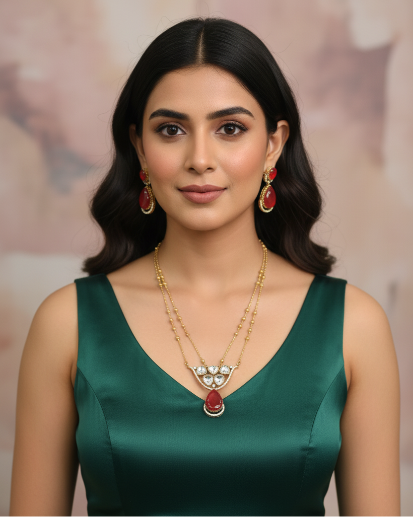Woman wearing green dress with jewelry against a blurred background