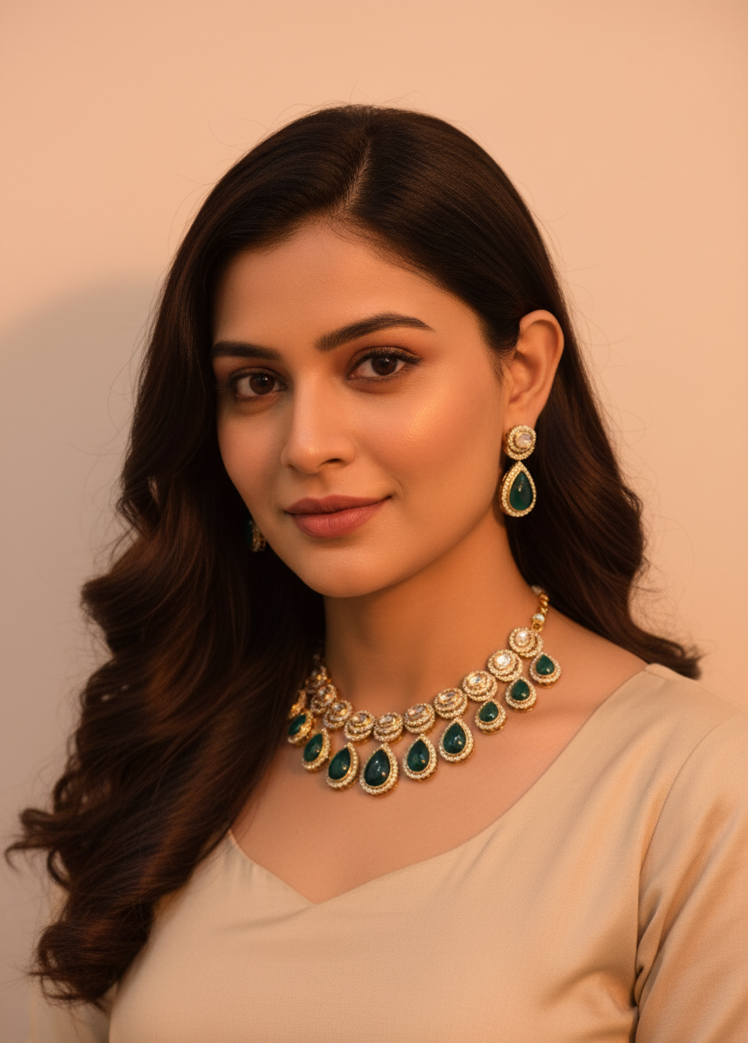 Woman wearing a necklace and earrings against a plain background