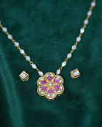 Pink Ruby Pearl Chain Necklace Set - Traditional Kundan Jewelry