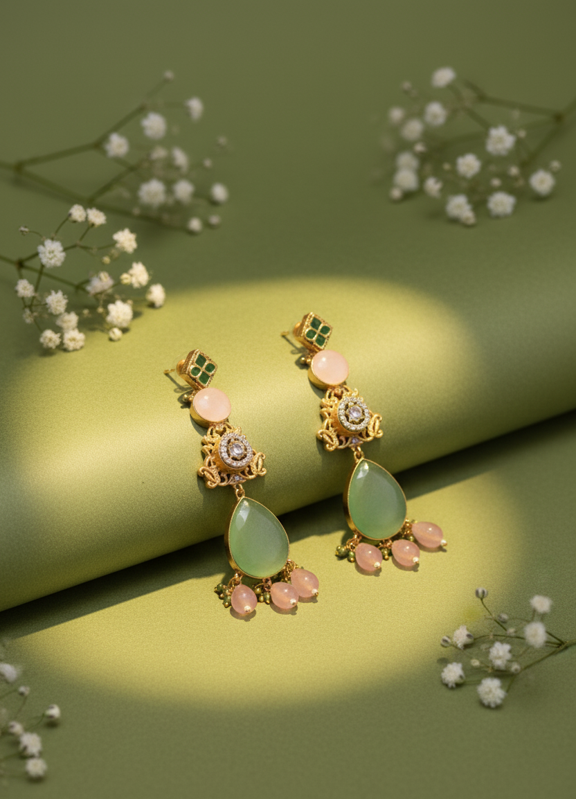 Elegant Multi-Gemstone Chandelier Earrings - Green Pink Gold Statement Pastel Jewelry