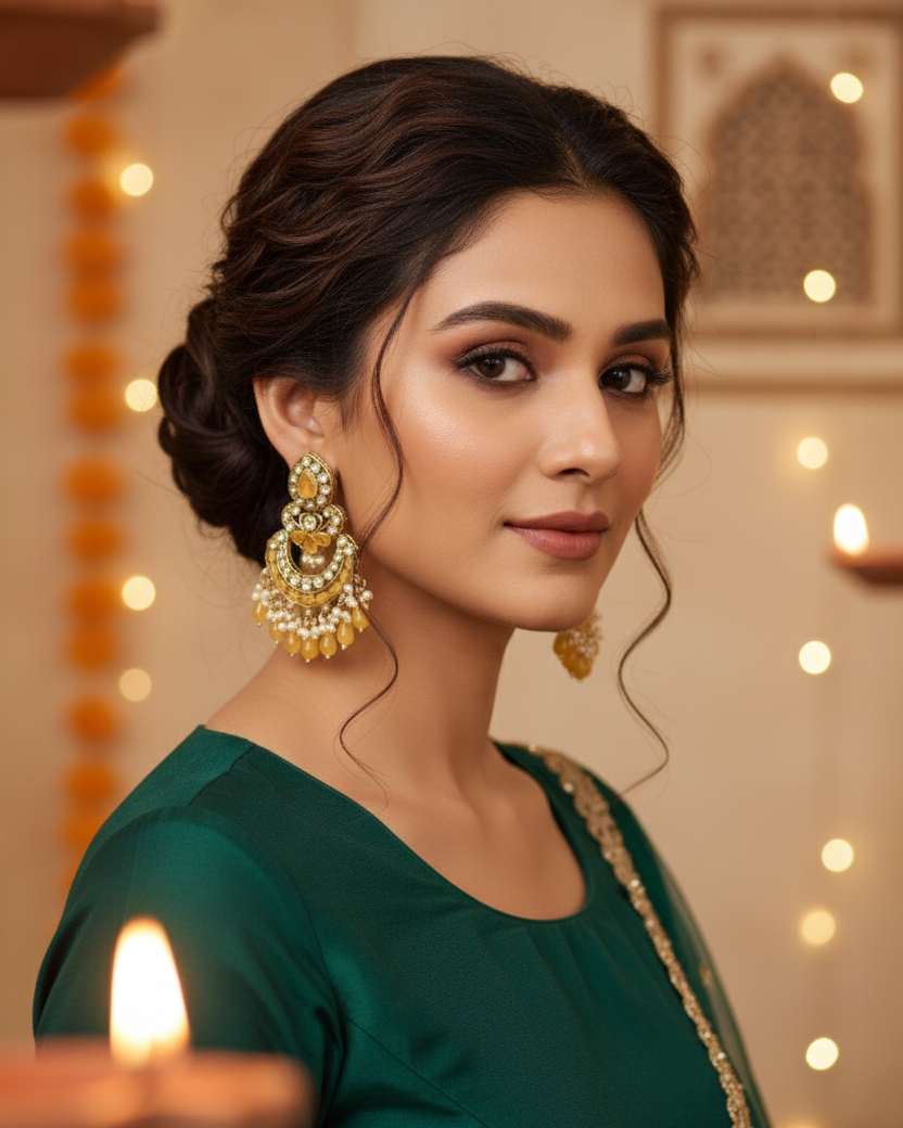Woman wearing gold earrings in a warm, softly lit indoor setting