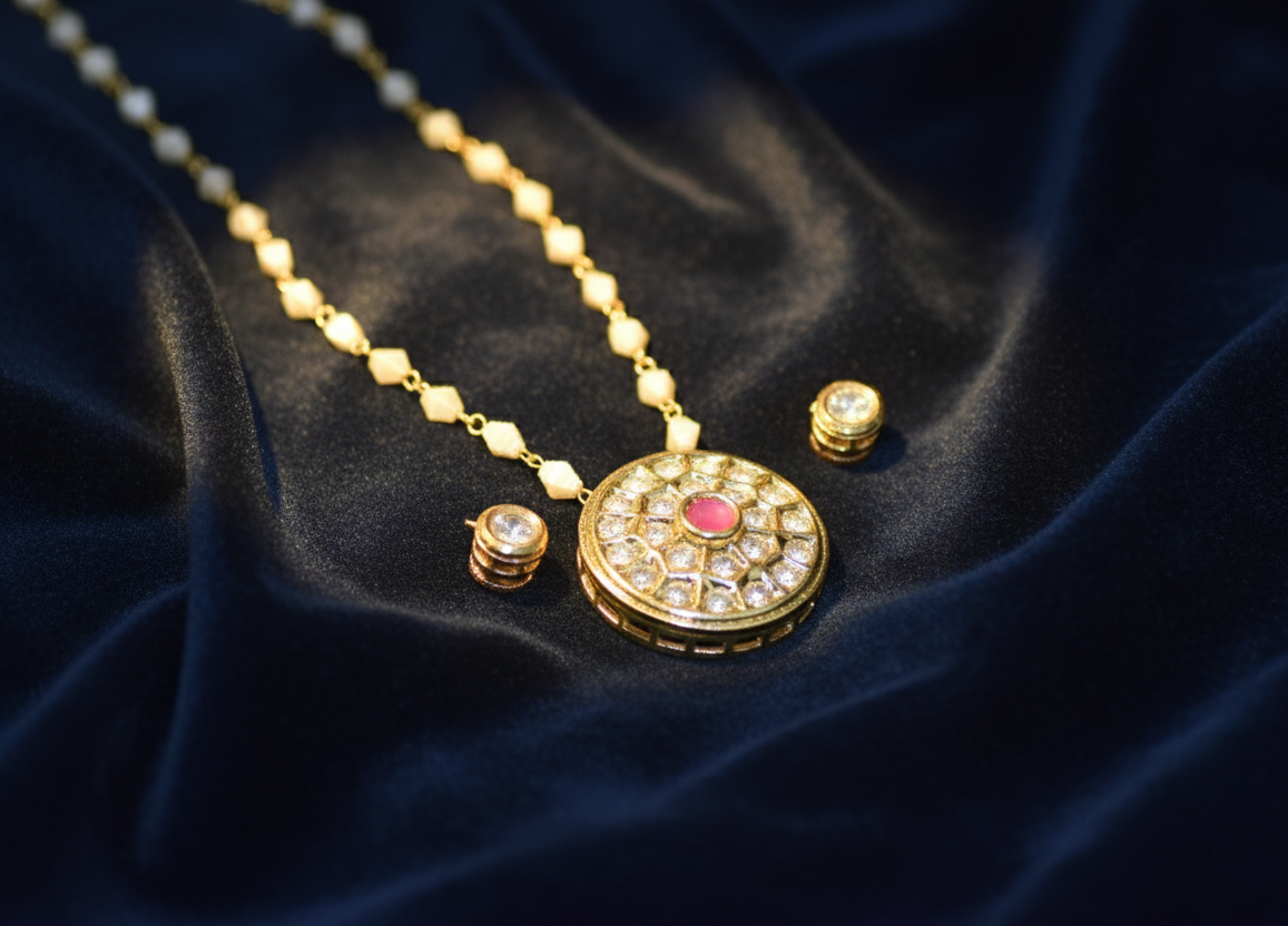 Gold necklace and earrings on a dark fabric background