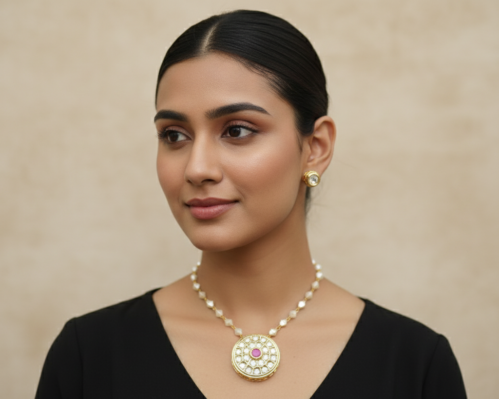 Woman wearing a pearl necklace and earrings against a beige background