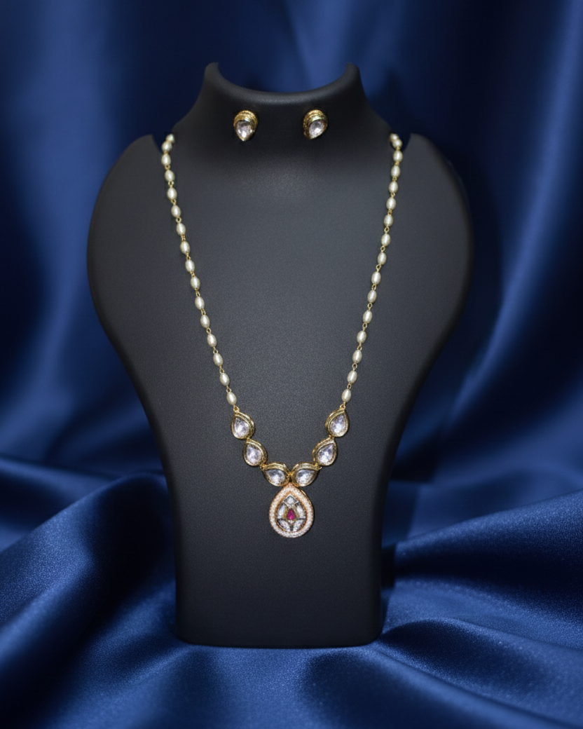 Pink Ruby Teardrop Pearl Necklace Set - Elegant Jewelry with Earrings