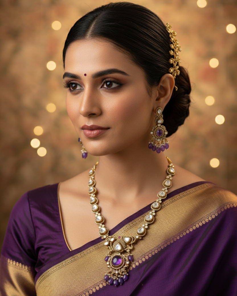 Woman in a purple saree with gold jewelry against a warm-toned background