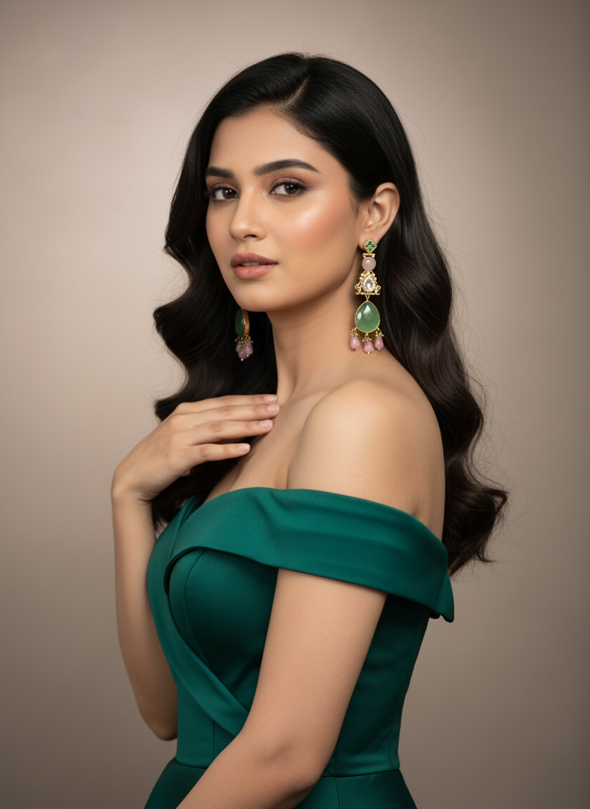 Elegant Multi-Gemstone Chandelier Earrings - Green Pink Gold Statement Pastel Jewelry