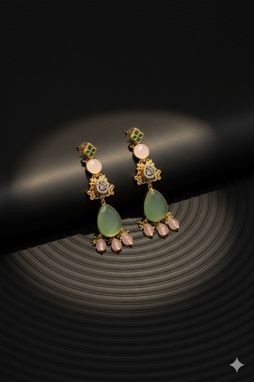 Elegant Multi-Gemstone Chandelier Earrings - Green Pink Gold Statement Pastel Jewelry