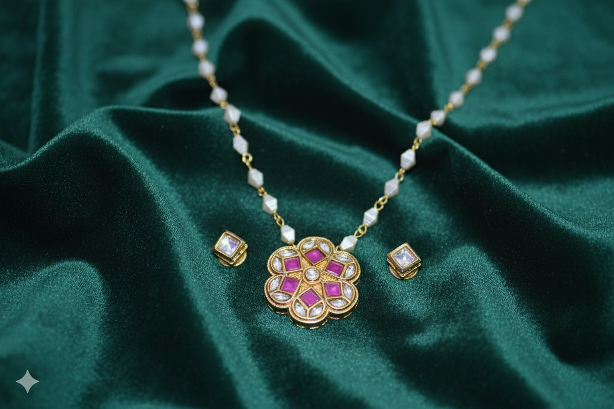 Pink Ruby Pearl Chain Necklace Set - Traditional Kundan Jewelry