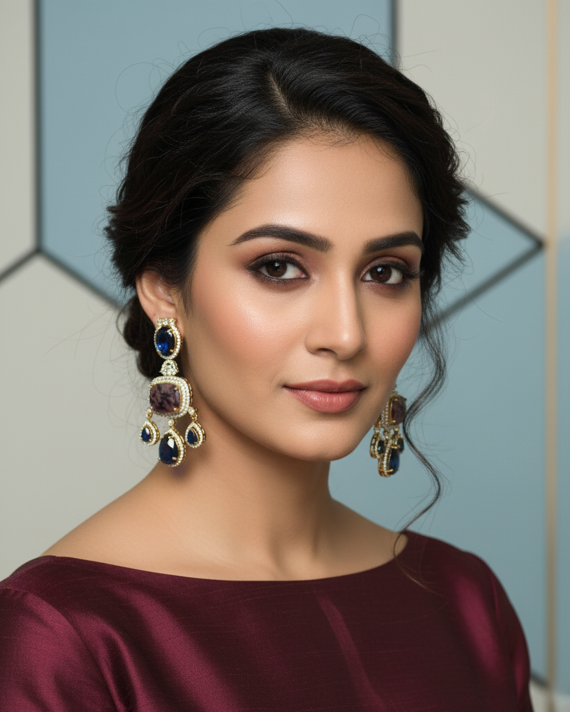 Woman wearing elegant earrings with a neutral background