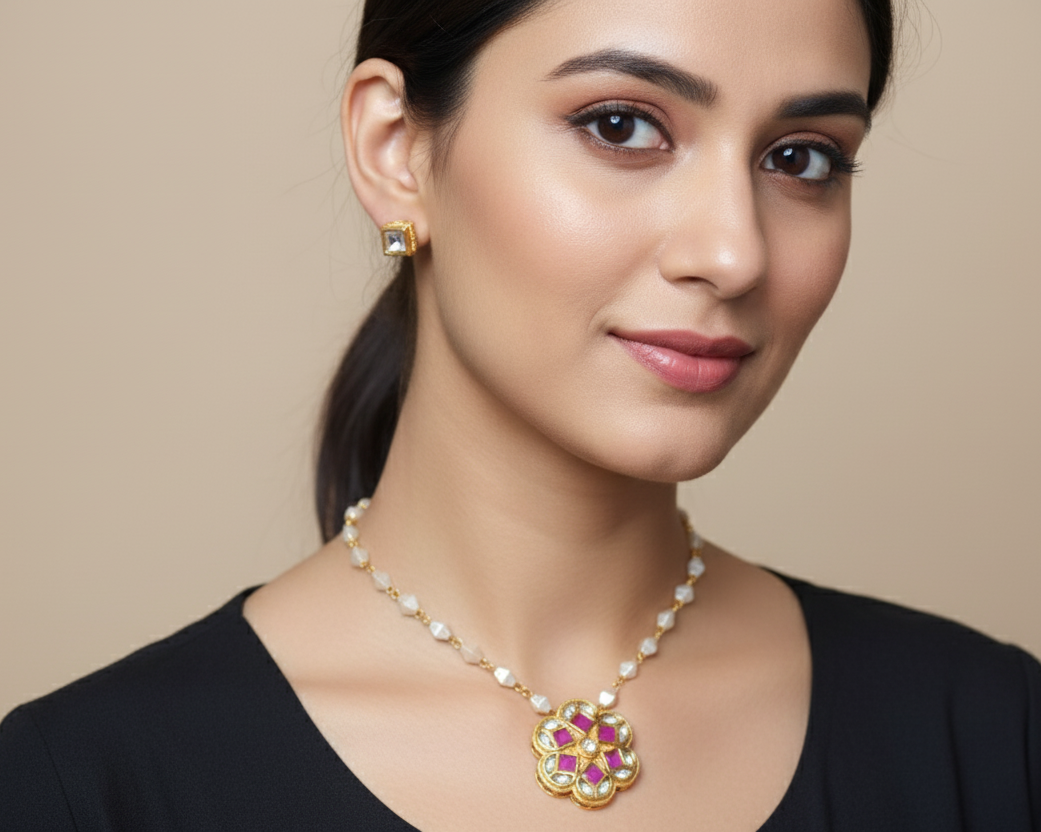 Pink Ruby Pearl Chain Necklace Set - Traditional Kundan Jewelry