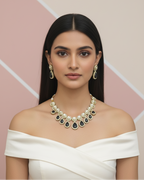 Woman wearing a pearl necklace with a geometric pink and white background