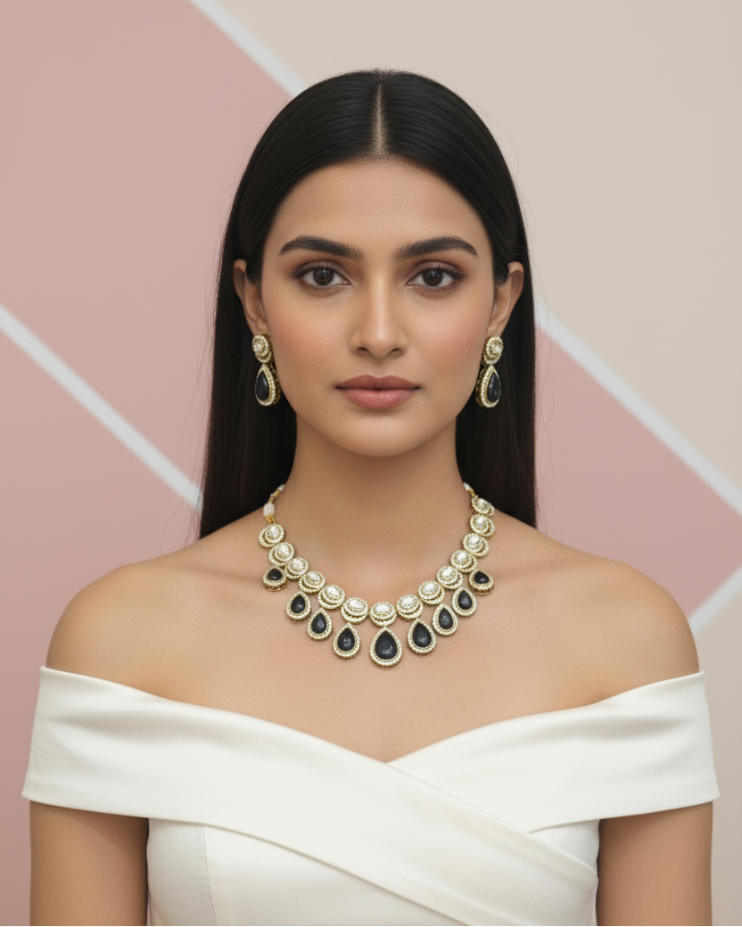 Woman wearing a pearl necklace with a geometric pink and white background