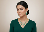 Sea Green Stone Jewelry Set - Gold Plated Necklace & Earrings with Kundan Work