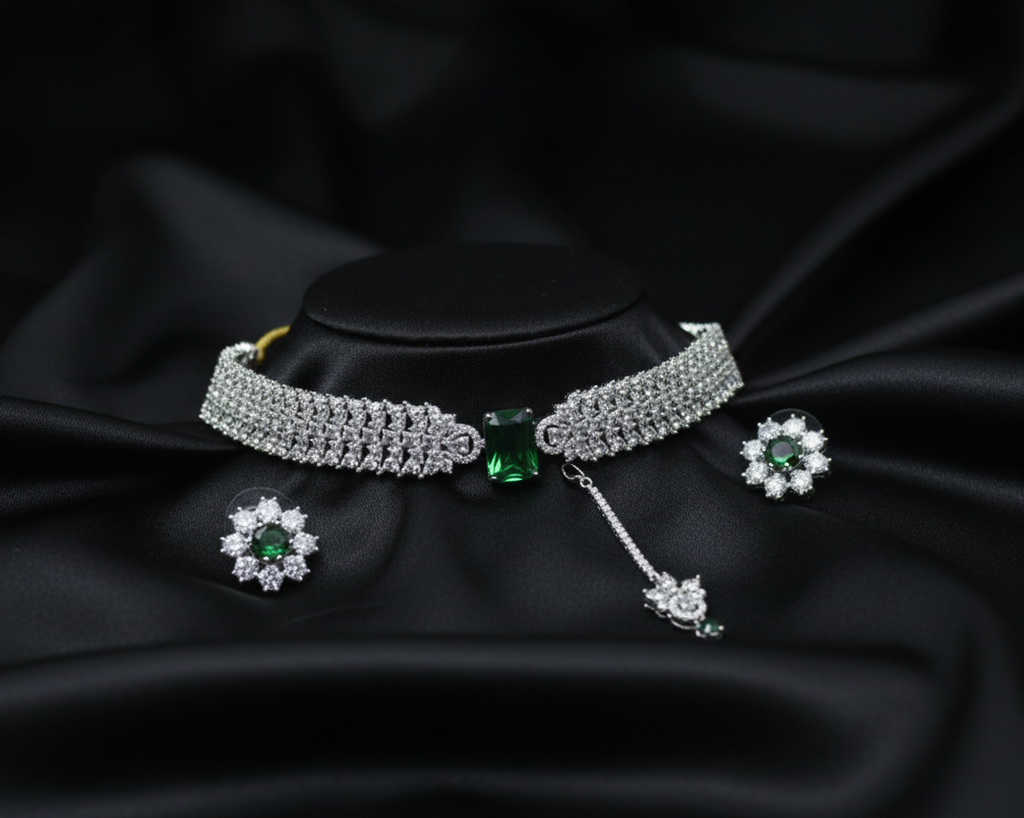 Diamond choker and earrings on a black satin background