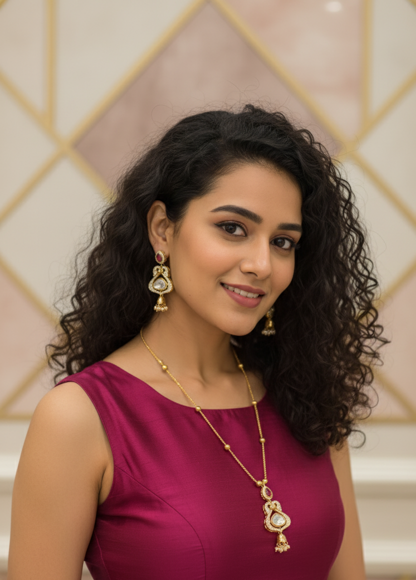 Woman wearing gold jewelry against a decorative wall