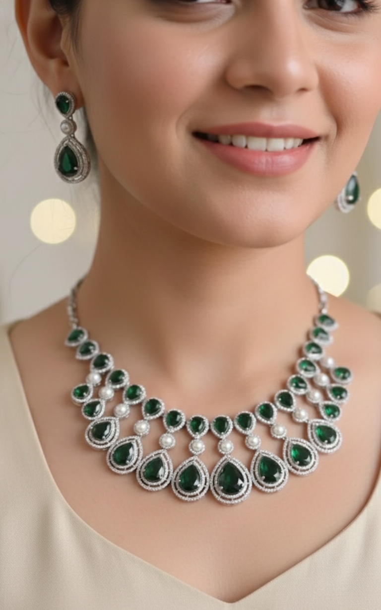 Woman wearing a green gemstone necklace and earrings on a neutral background
