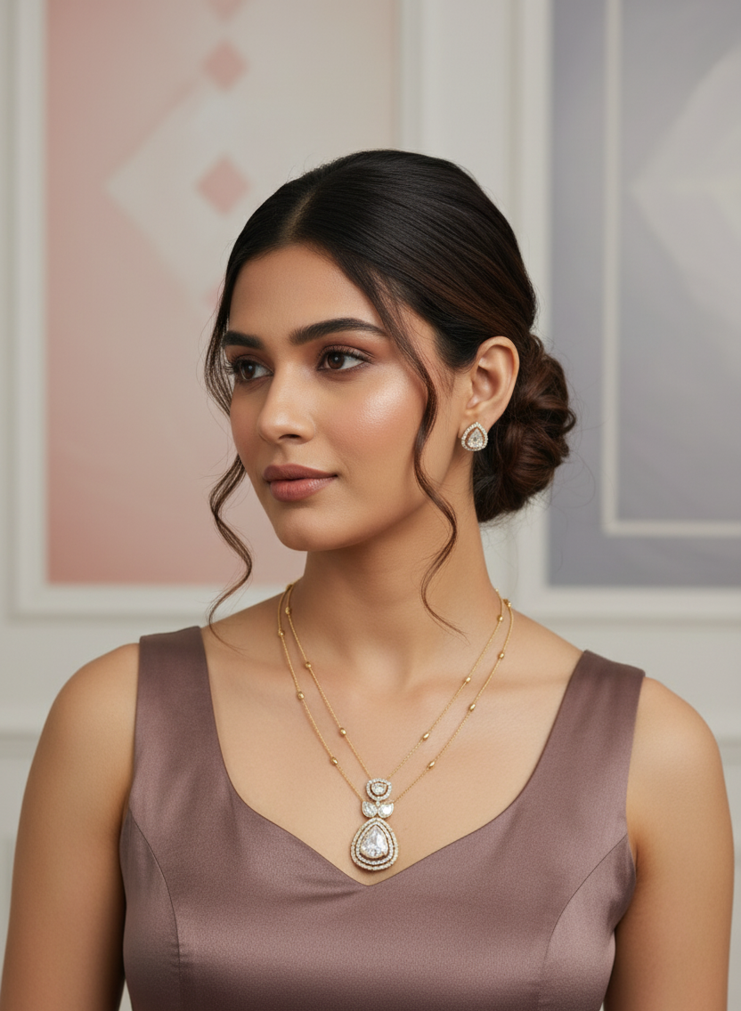 Elegant Gold Layered Necklace Set with Crystal Teardrop Pendant & Matching Earrings