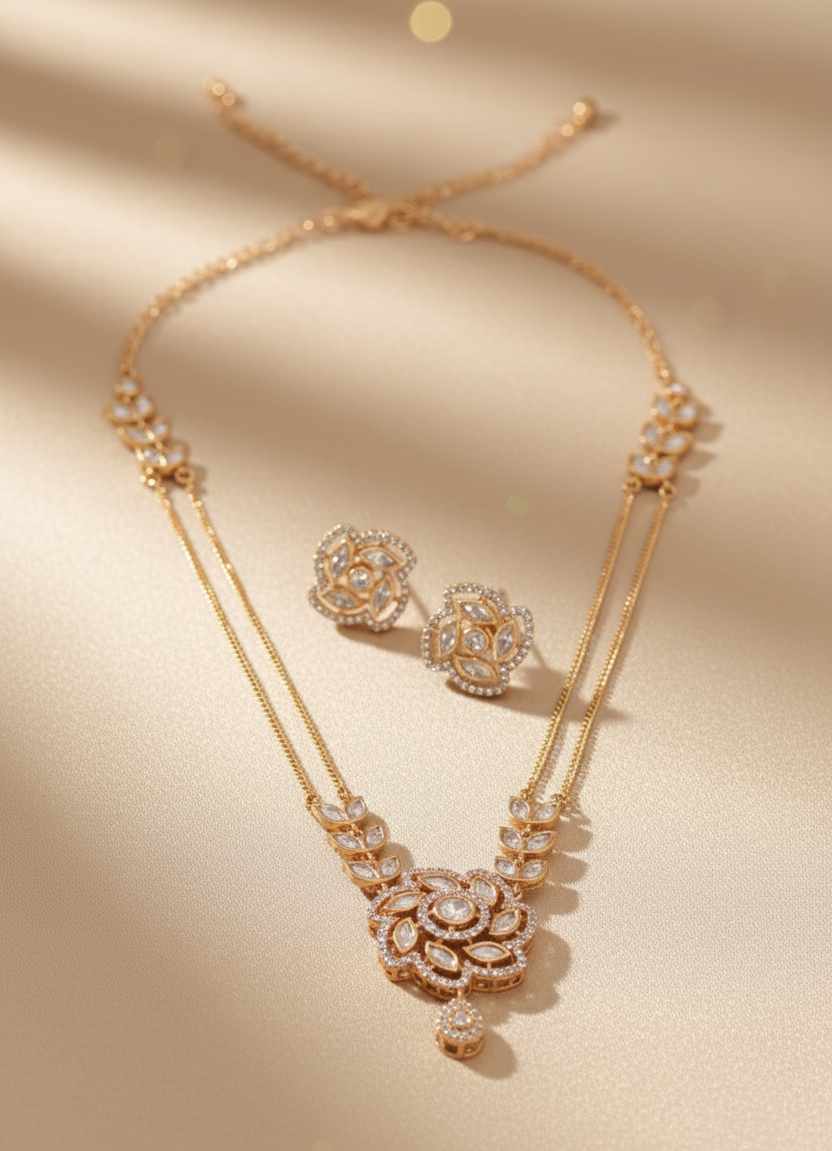 Gold necklace and earrings on a beige background