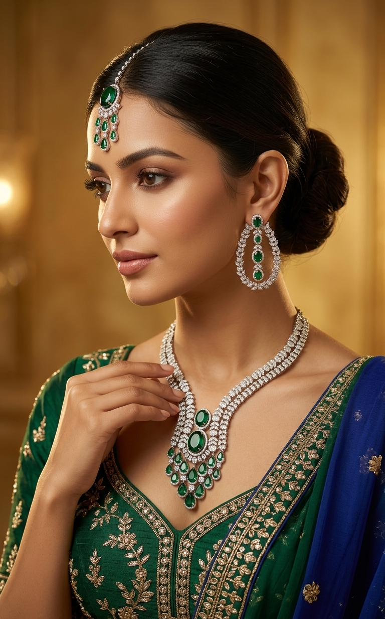 Woman wearing green and blue traditional outfit with jewelry