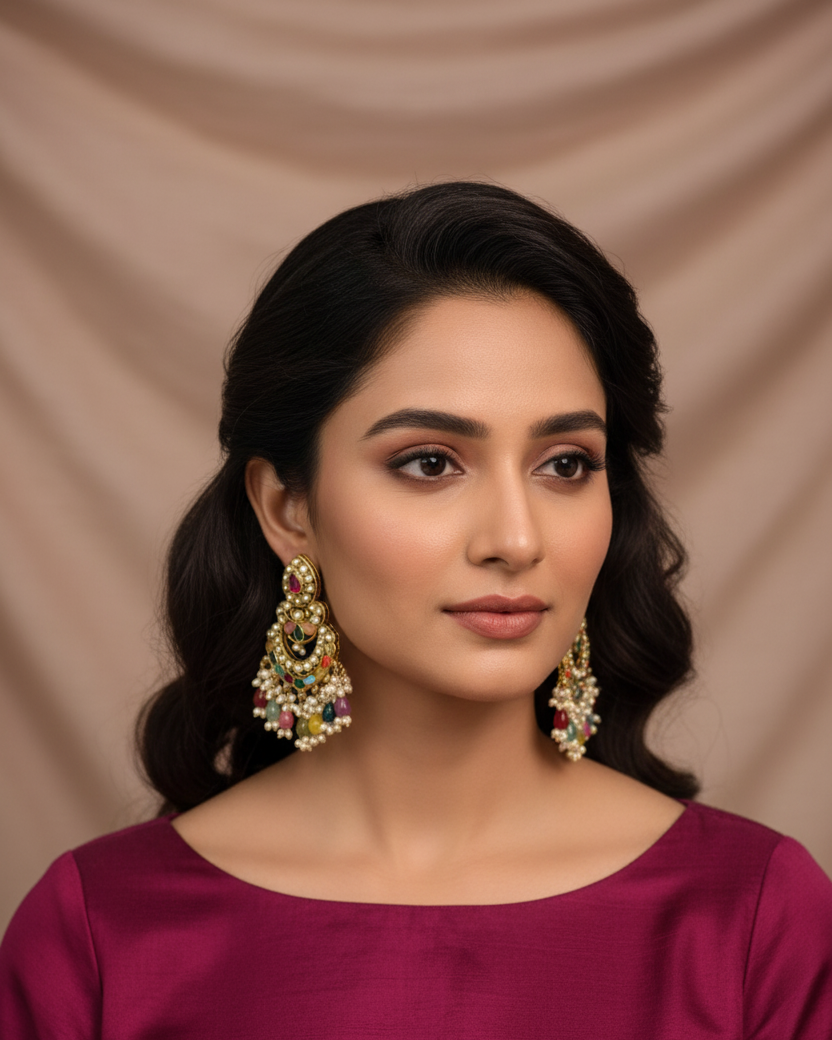 Woman wearing a maroon top and colorful earrings against a beige background