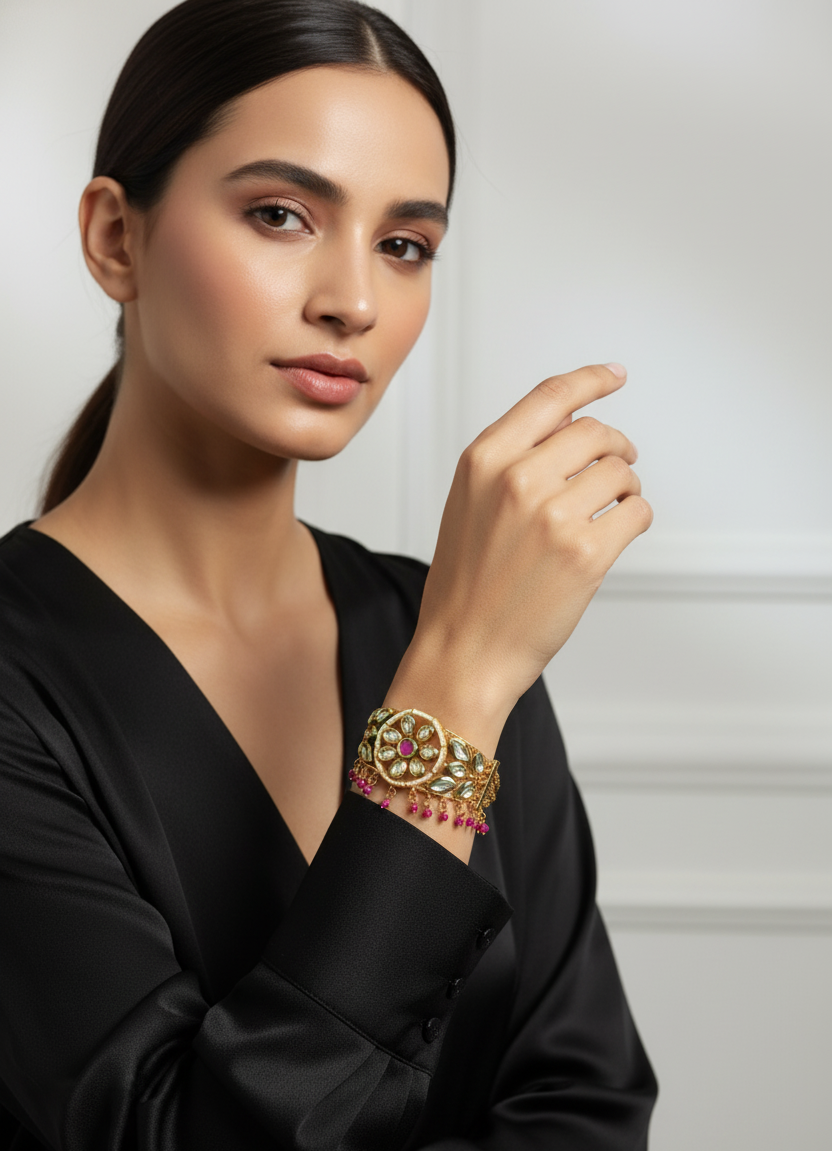 Traditional Bracelet with Pink Pearls - Antique Gold Plated