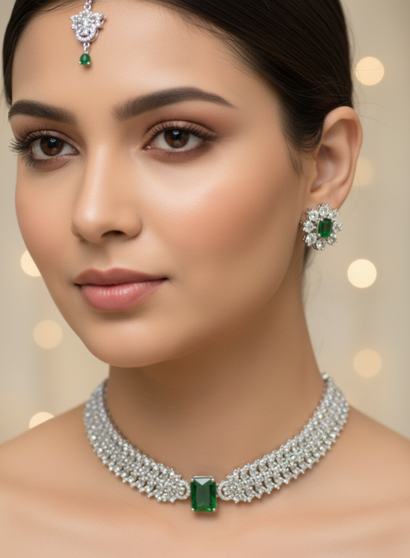 Woman wearing a diamond and emerald necklace and earrings with a blurred bokeh background